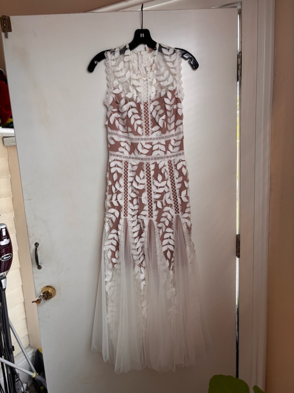 Bronx and Banco White Lace Appliqué Maxi Gown with Nude Lining - Picture 1 of 12